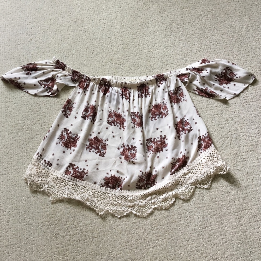 Audrey 3 + 1 Off Shoulder Elephant Lace Top